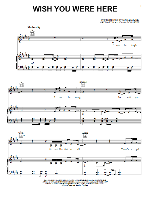 Avril Lavigne Wish You Were Here Sheet Music Notes & Chords for Piano, Vocal & Guitar (Right-Hand Melody) - Download or Print PDF