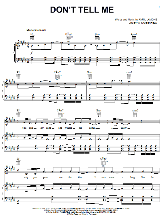 Preview Avril Lavigne Don't Tell Me Rock sheet music, notes and chords for Lyrics & Chords, SKU: 48689 Don't Tell Me sheet music