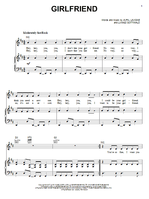 Preview Avril Lavigne Girlfriend Rock sheet music, notes and chords for Piano, Vocal & Guitar (Right-Hand Melody), SKU: 58445 Girlfriend sheet music