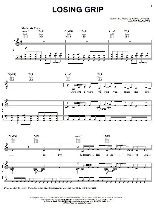 Preview Avril Lavigne Losing Grip Rock sheet music, notes and chords for Guitar Tab, SKU: 23646 sheet music, piano notes, chords, guitar tabs, score, transpose, transcribe, how to play, guide, download, learn, tutorial, progression, song, artist, awards, billboard, mtv, vh1, tour, single, album, release