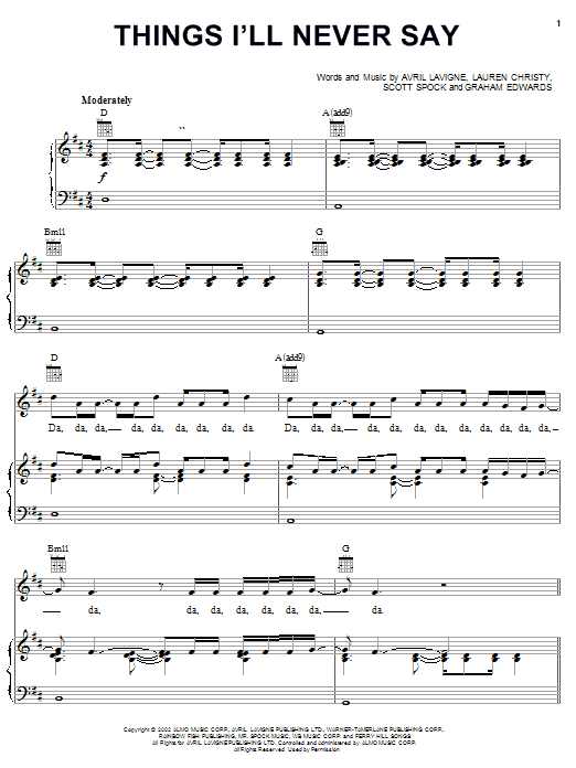 Preview Avril Lavigne Things I'll Never Say Rock sheet music, notes and chords for Easy Piano, SKU: 23141 Things I'll Never Say sheet music