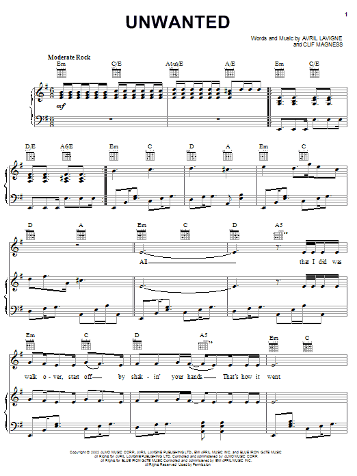 Preview Avril Lavigne Unwanted Pop sheet music, notes and chords for Easy Piano, SKU: 23135 Unwanted sheet music