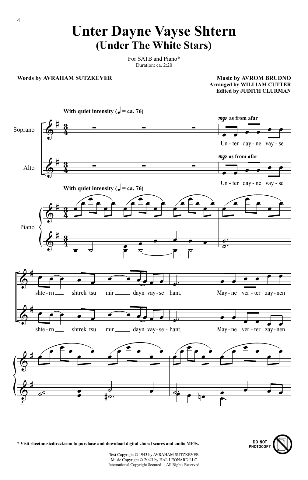 Avrom Brudno Unter Dayne Vayse Shtern (Under Your White Stars) (arr. Bill Cutler) Sheet Music Notes & Chords for SATB Choir - Download or Print PDF