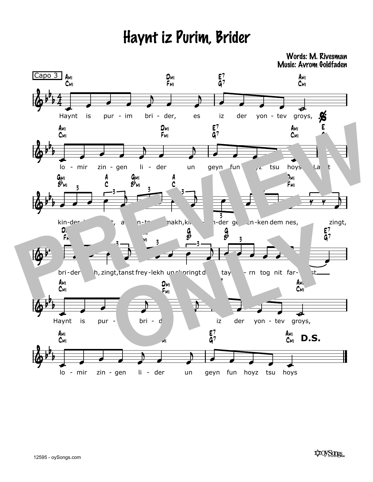 Avrom Goldfaden Haynt Iz Purim, Brider Sheet Music Notes & Chords for Melody Line, Lyrics & Chords - Download or Print PDF