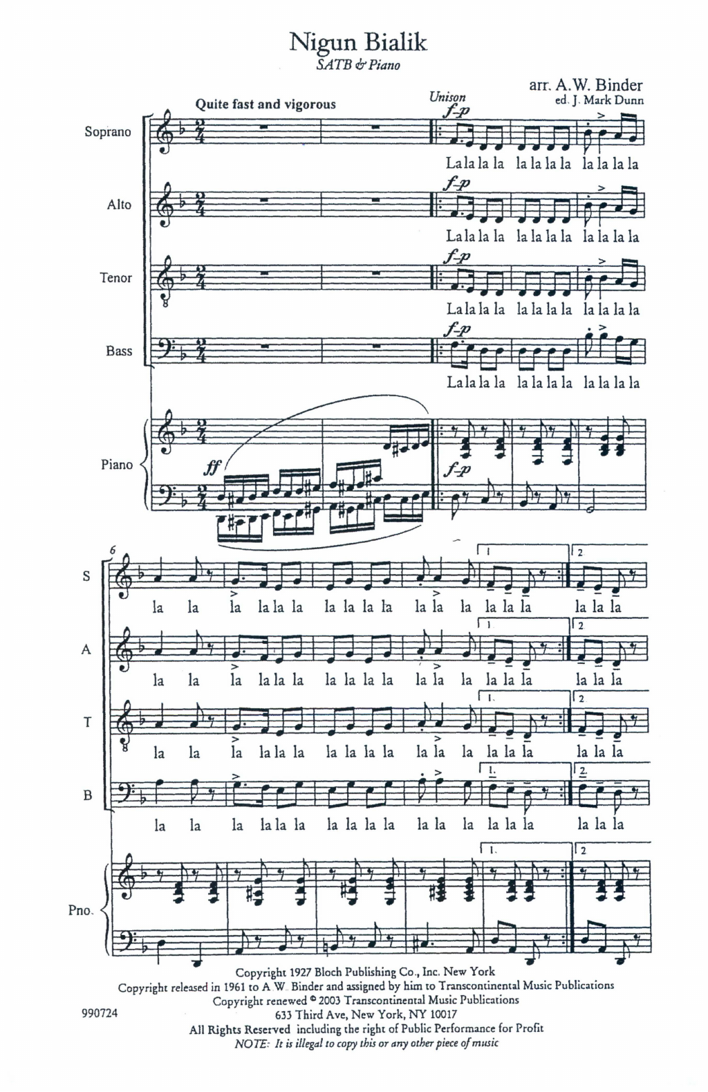 A.W. Binder Nigun Bialik Sheet Music Notes & Chords for SATB Choir - Download or Print PDF