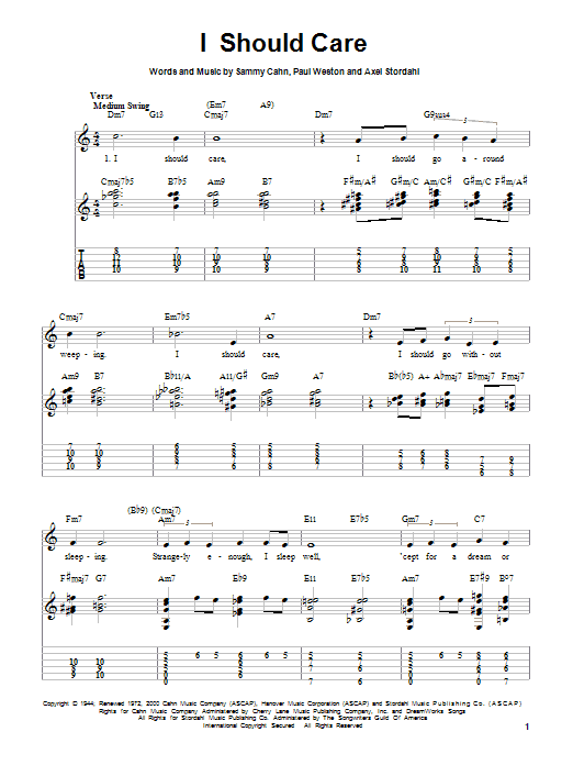 Axel Stordahl I Should Care Sheet Music Notes & Chords for Easy Guitar Tab - Download or Print PDF