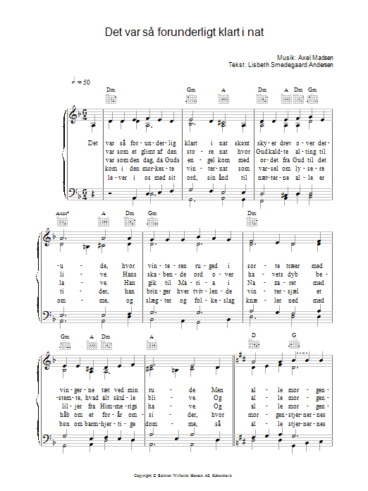 Preview Axel Madsen Det Var Så Forunderligt Klart I Nat Religious sheet music, notes and chords for Piano, Vocal & Guitar (Right-Hand Melody), SKU: 34040 Det Var Så Forunderligt Klart I Nat sheet music