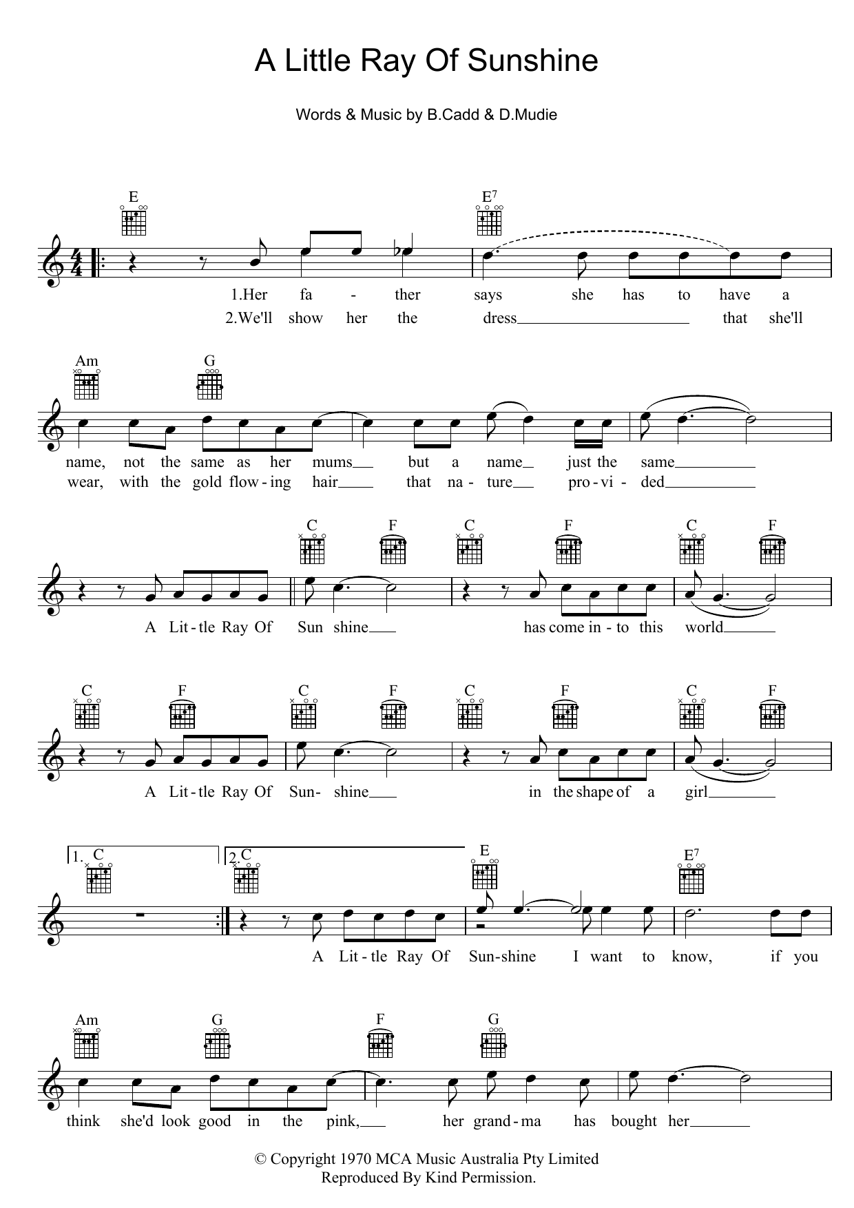 Axiom A Little Ray Of Sunshine Sheet Music Notes & Chords for Melody Line, Lyrics & Chords - Download or Print PDF