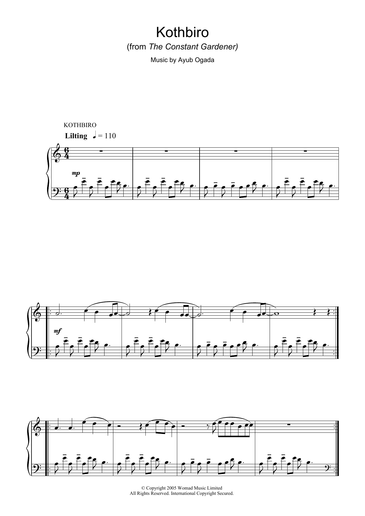 Preview Ayub Ogada Kothbiro (from The Constant Gardener) Film and TV sheet music, notes and chords for Piano, SKU: 37417 Kothbiro (from The Constant Gardener) sheet music