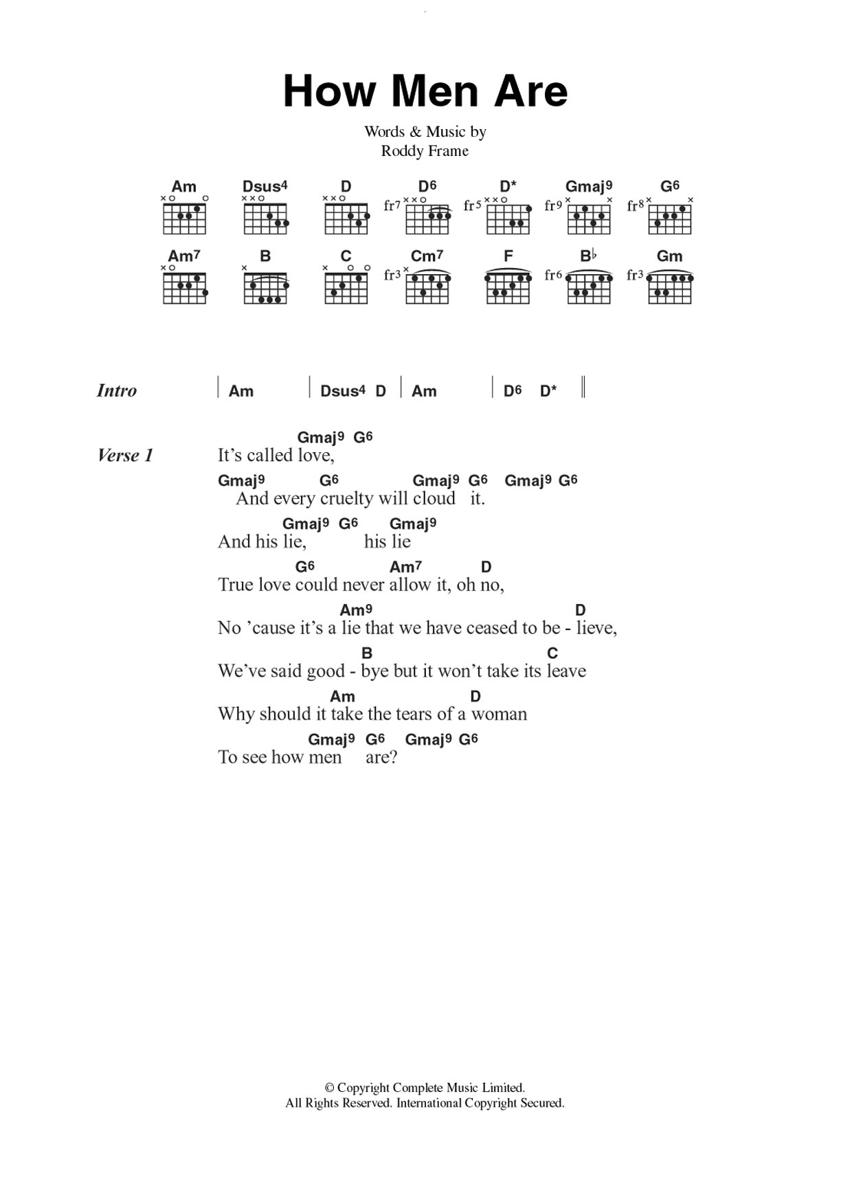 Aztec Camera How Men Are Sheet Music Notes & Chords for Lyrics & Chords - Download or Print PDF