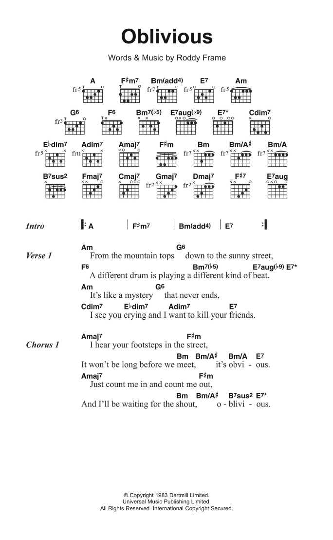 Aztec Camera Oblivious Sheet Music Notes & Chords for Lyrics & Chords - Download or Print PDF