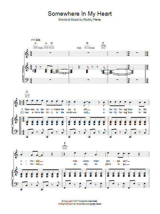 Aztec Camera Somewhere In My Heart Sheet Music Notes & Chords for Ukulele Lyrics & Chords - Download or Print PDF