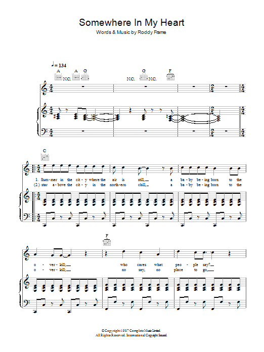 Aztec Camera Somewhere In My Heart Sheet Music Notes & Chords for Lyrics & Chords - Download or Print PDF