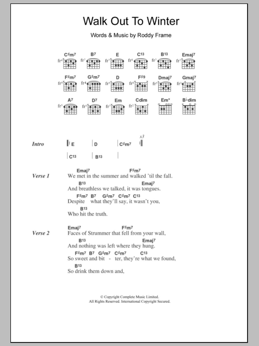 Aztec Camera Walk Out To Winter Sheet Music Notes & Chords for Lyrics & Chords - Download or Print PDF