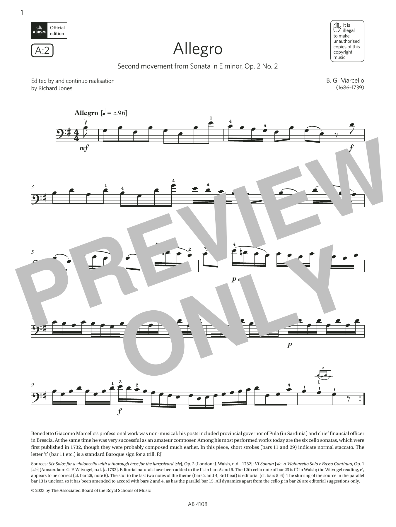 B. G. Marcello Allegro (Grade 5, A2, from the ABRSM Cello Syllabus from 2024) Sheet Music Notes & Chords for Cello Solo - Download or Print PDF