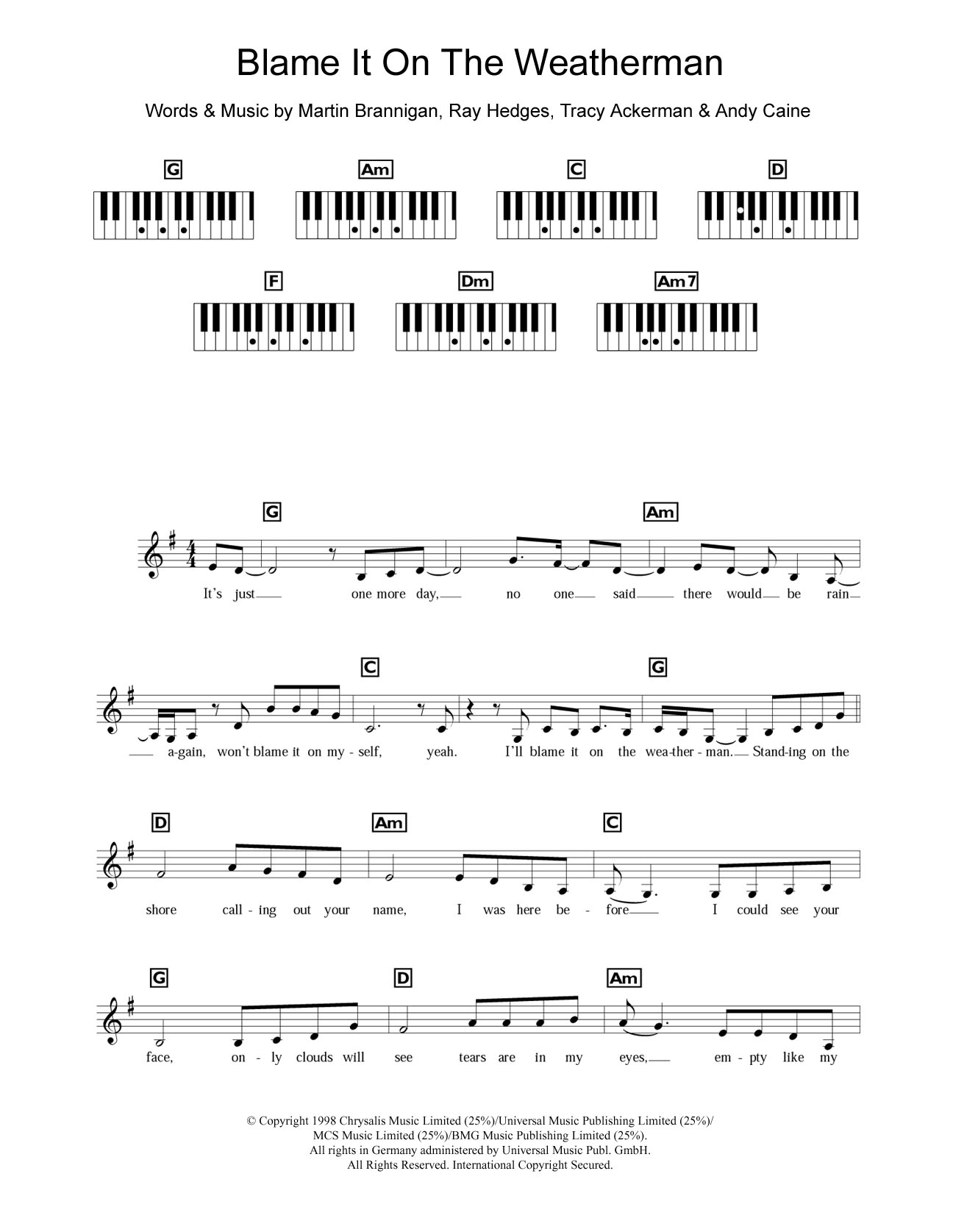 B*witched Blame It On The Weatherman Sheet Music Notes & Chords for Piano Chords/Lyrics - Download or Print PDF