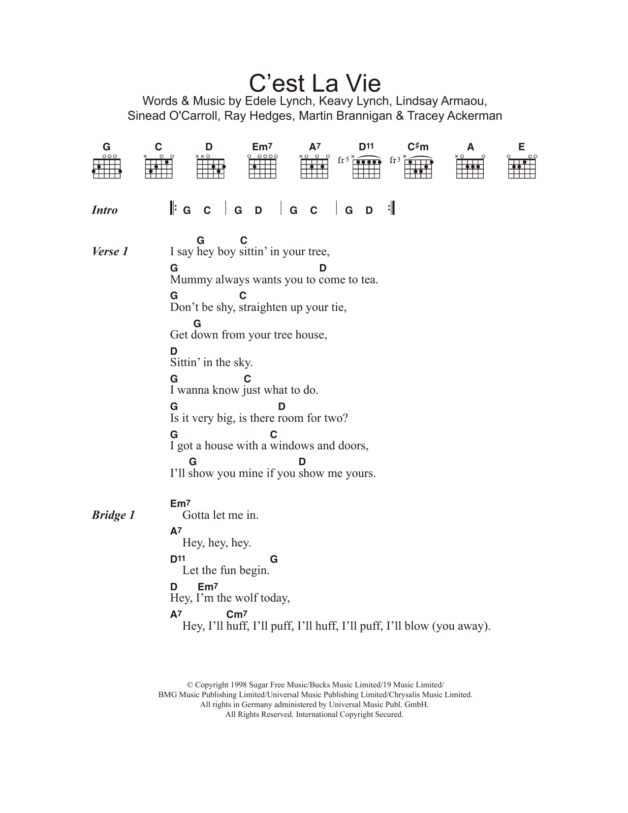 B*witched C'est La Vie Sheet Music Notes & Chords for Lyrics & Chords - Download or Print PDF