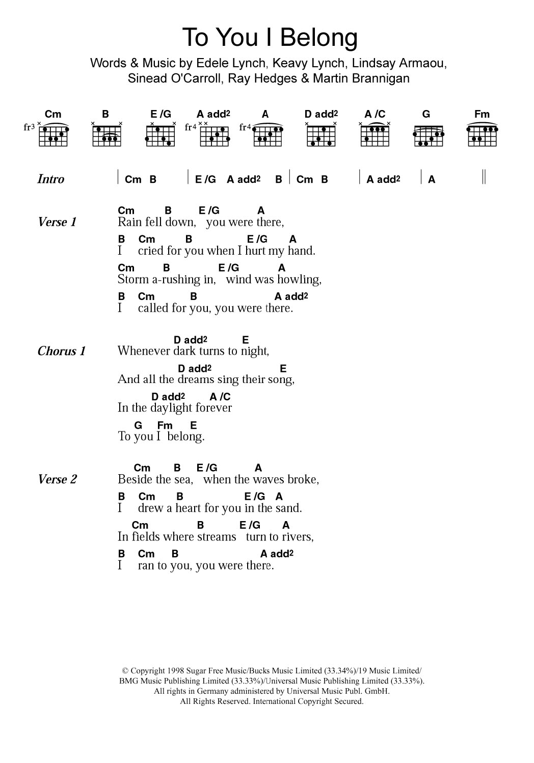 B*witched To You I Belong Sheet Music Notes & Chords for Guitar Chords/Lyrics - Download or Print PDF