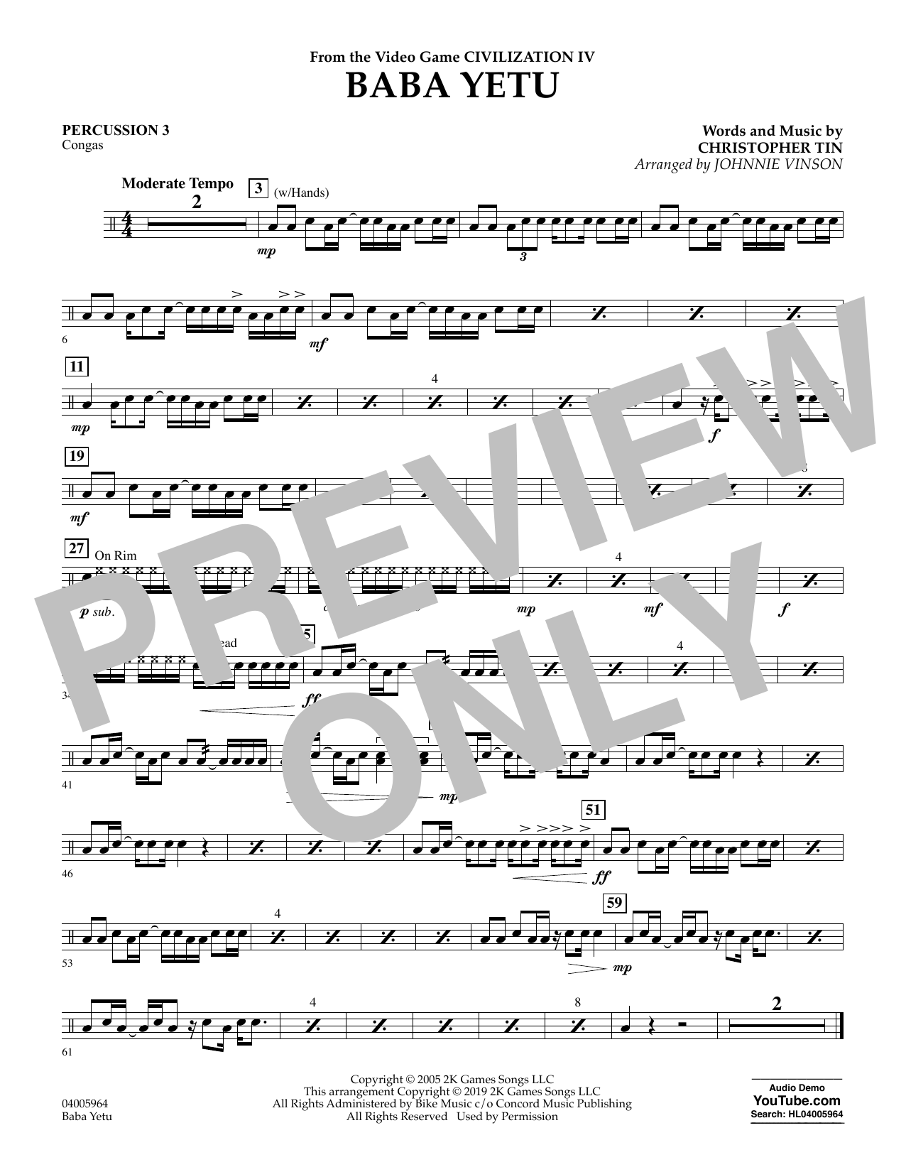 Christopher Tin Baba Yetu From Civilization Iv Arr Johnnie Vinson Percussion 3 Sheet Music Download Pdf Score