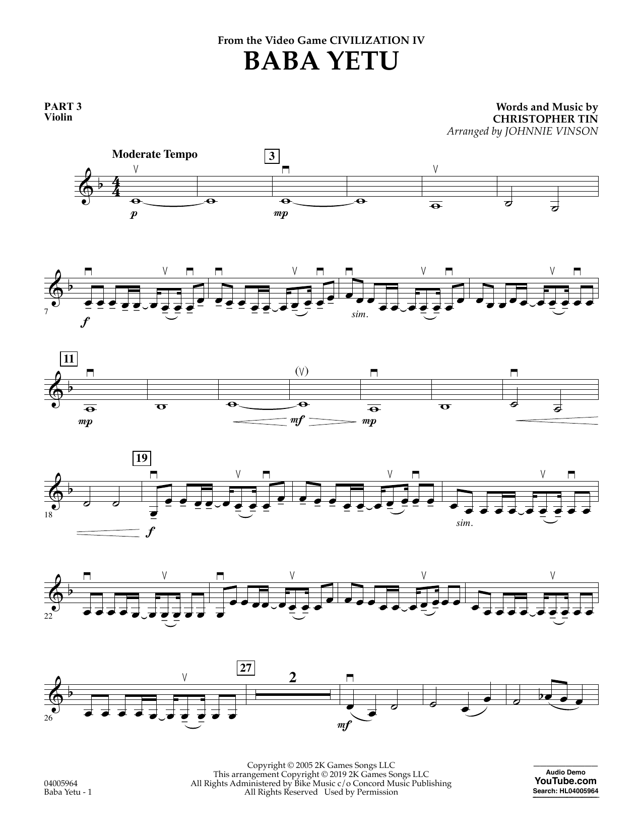 Christopher Tin Baba Yetu From Civilization Iv Arr Johnnie Vinson Pt 3 Violin Sheet Music Download Pdf Score 417515