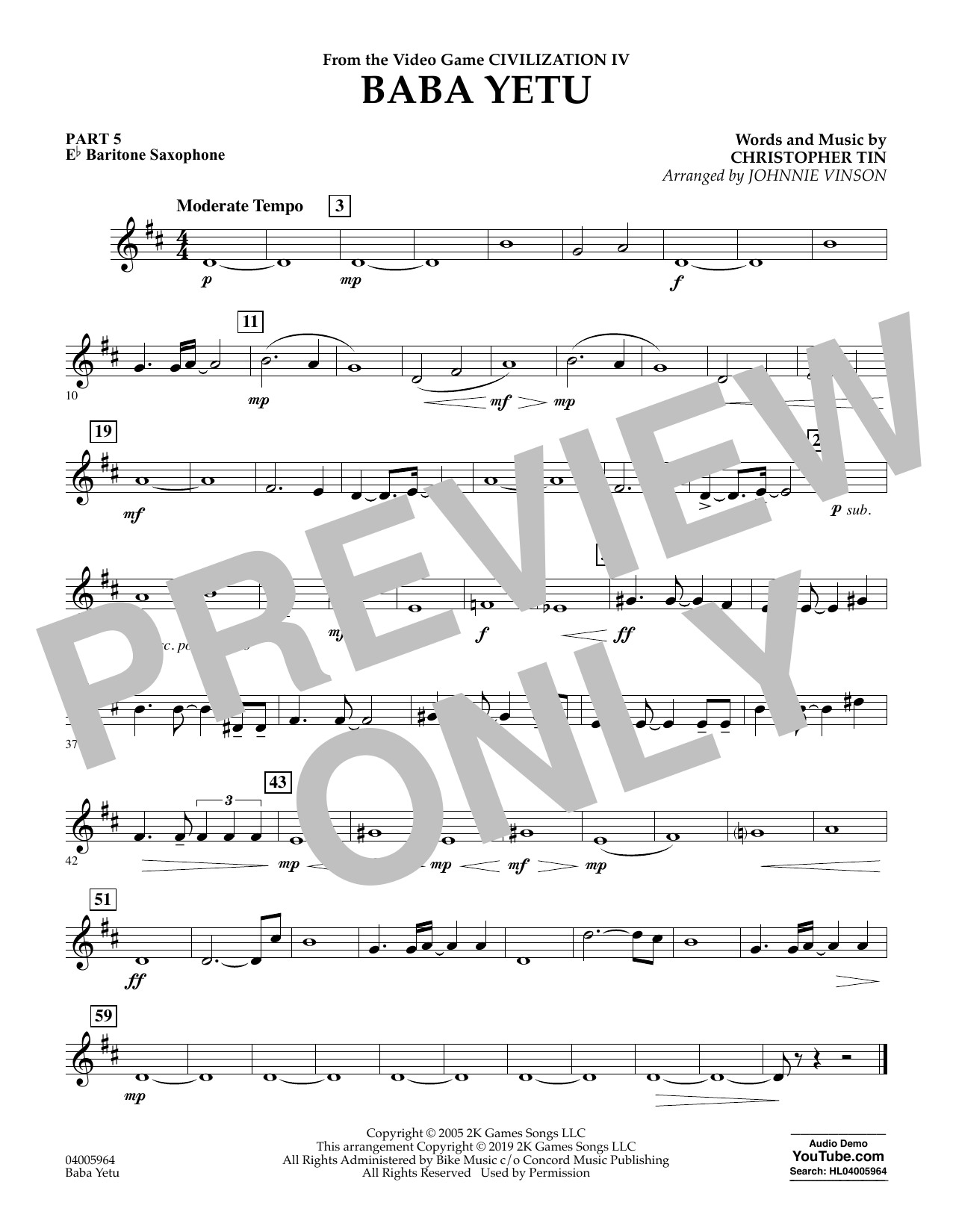 Christopher Tin Baba Yetu From Civilization Iv Arr Johnnie Vinson Pt 5 Eb Baritone Saxophone Sheet Music Download Pdf Score