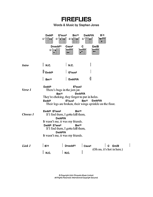 Babybird Fireflies Sheet Music Notes & Chords for Lyrics & Chords - Download or Print PDF