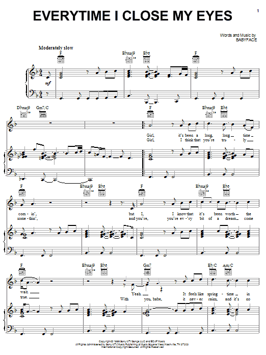 Babyface Everytime I Close My Eyes Sheet Music Notes & Chords for Piano, Vocal & Guitar (Right-Hand Melody) - Download or Print PDF