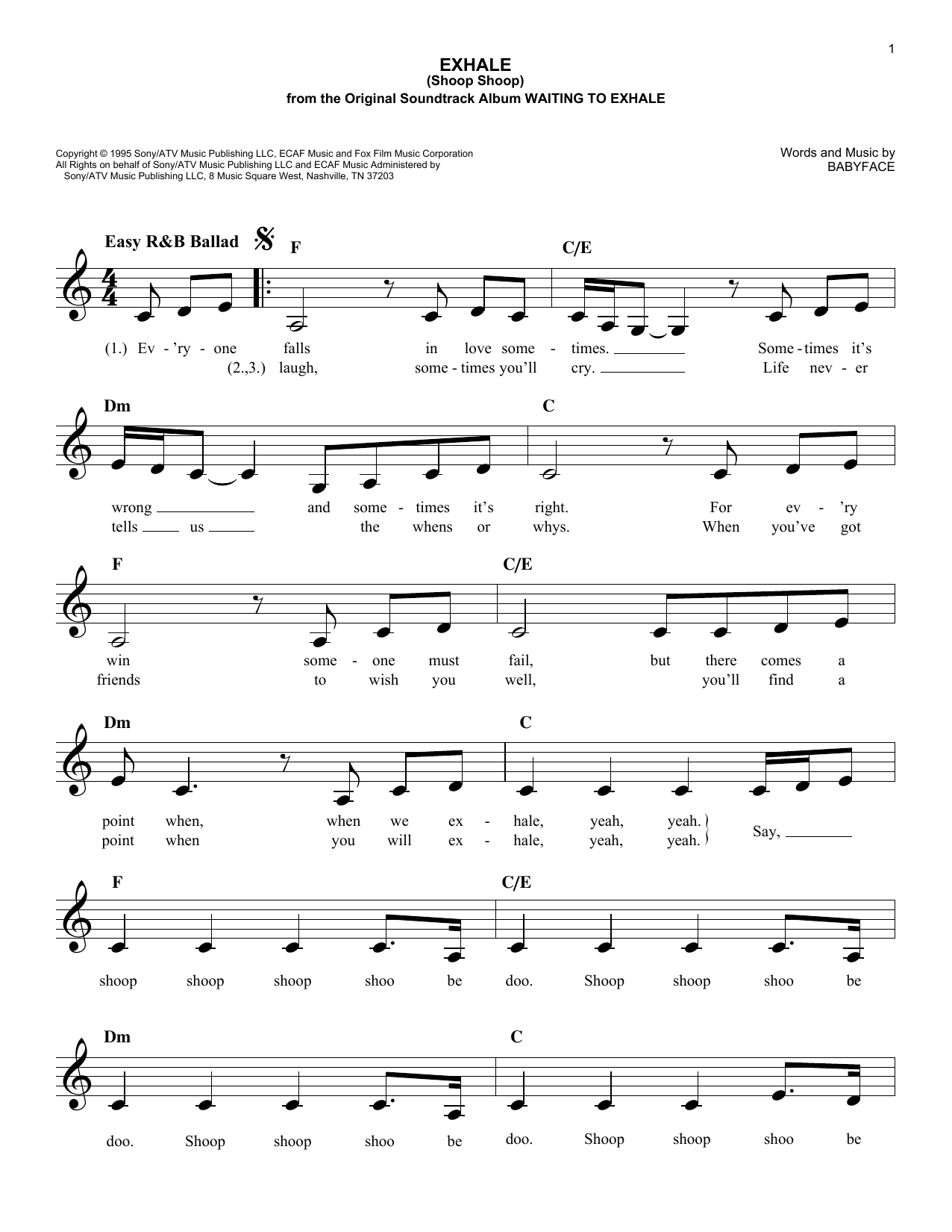 Babyface Exhale (Shoop Shoop) Sheet Music Notes & Chords for Melody Line, Lyrics & Chords - Download or Print PDF Babyface Exhale (Shoop Shoop) Sheet Music Notes & Chords for Melody Line, Lyrics & Chords - Download or Print PDF