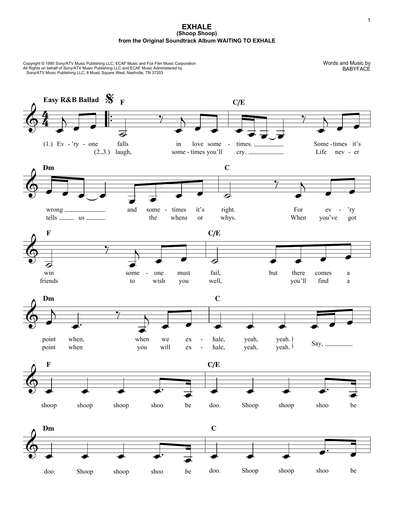 Babyface Exhale (Shoop Shoop) Sheet Music Notes & Chords for Melody Line, Lyrics & Chords - Download or Print PDF