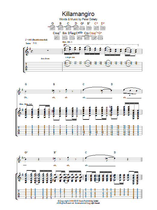 Babyshambles Killamangiro Sheet Music Notes & Chords for Guitar Tab - Download or Print PDF