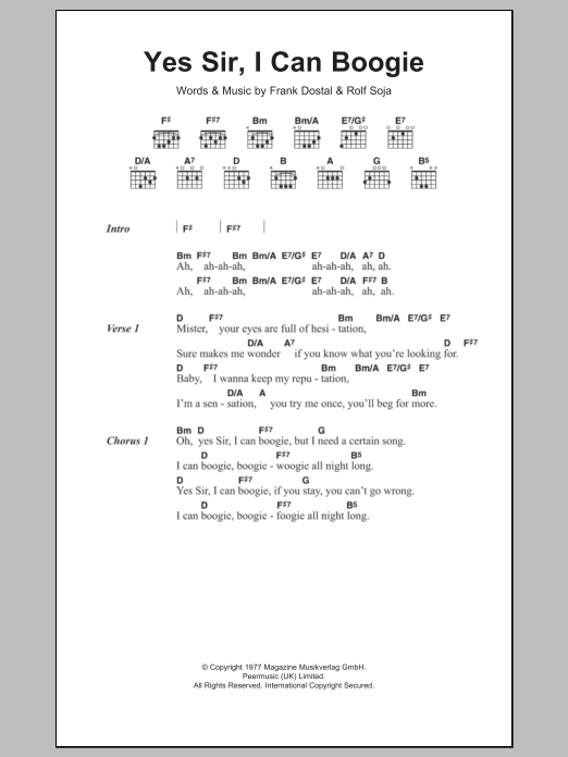 Baccara Yes Sir, I Can Boogie Sheet Music Notes & Chords for Lyrics & Chords - Download or Print PDF