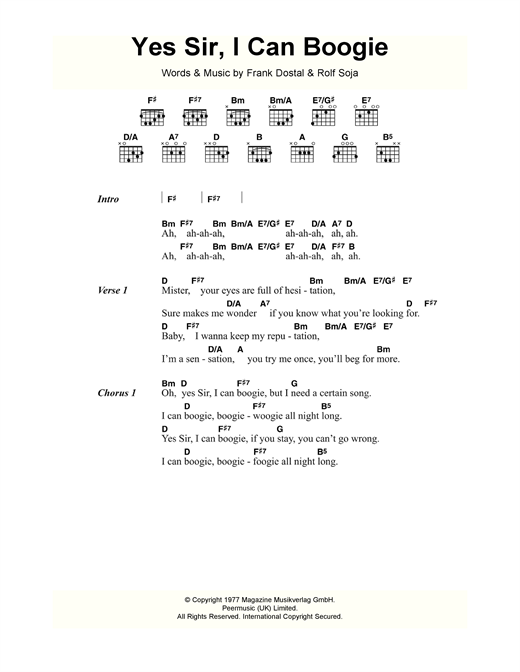 Baccara Yes Sir, I Can Boogie Sheet Music Notes & Chords for Lyrics & Chords - Download or Print PDF