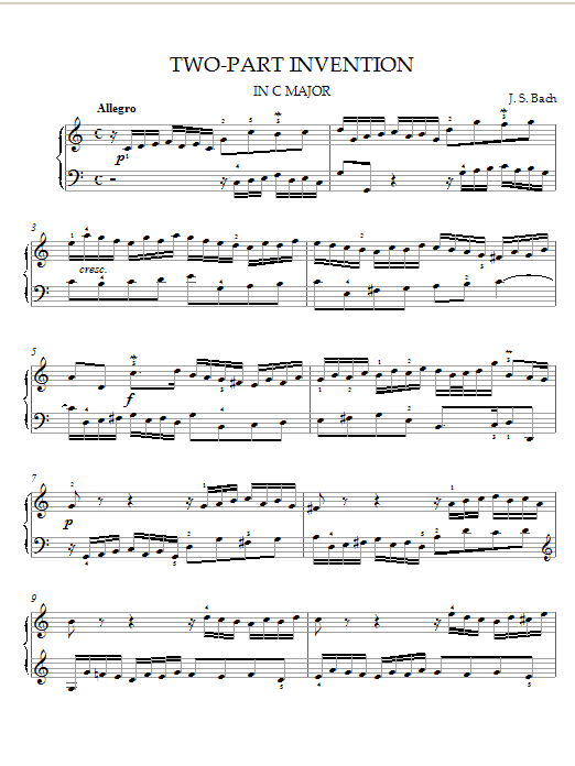 Bach Two-Part Invention in C Major Sheet Music Notes & Chords for Piano - Download or Print PDF Bach Two-Part Invention in C Major Sheet Music Notes & Chords for Piano - Download or Print PDF