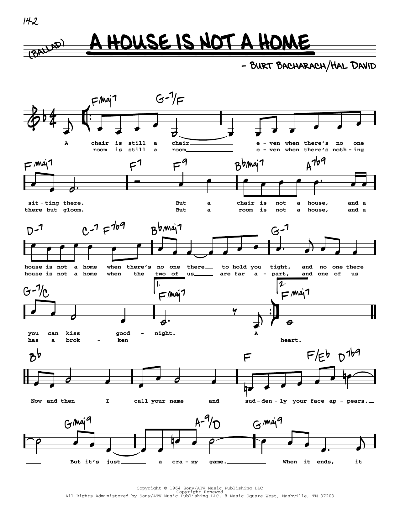 Bacharach & David A House Is Not A Home (Low Voice) Sheet Music Notes & Chords for Real Book – Melody, Lyrics & Chords - Download or Print PDF