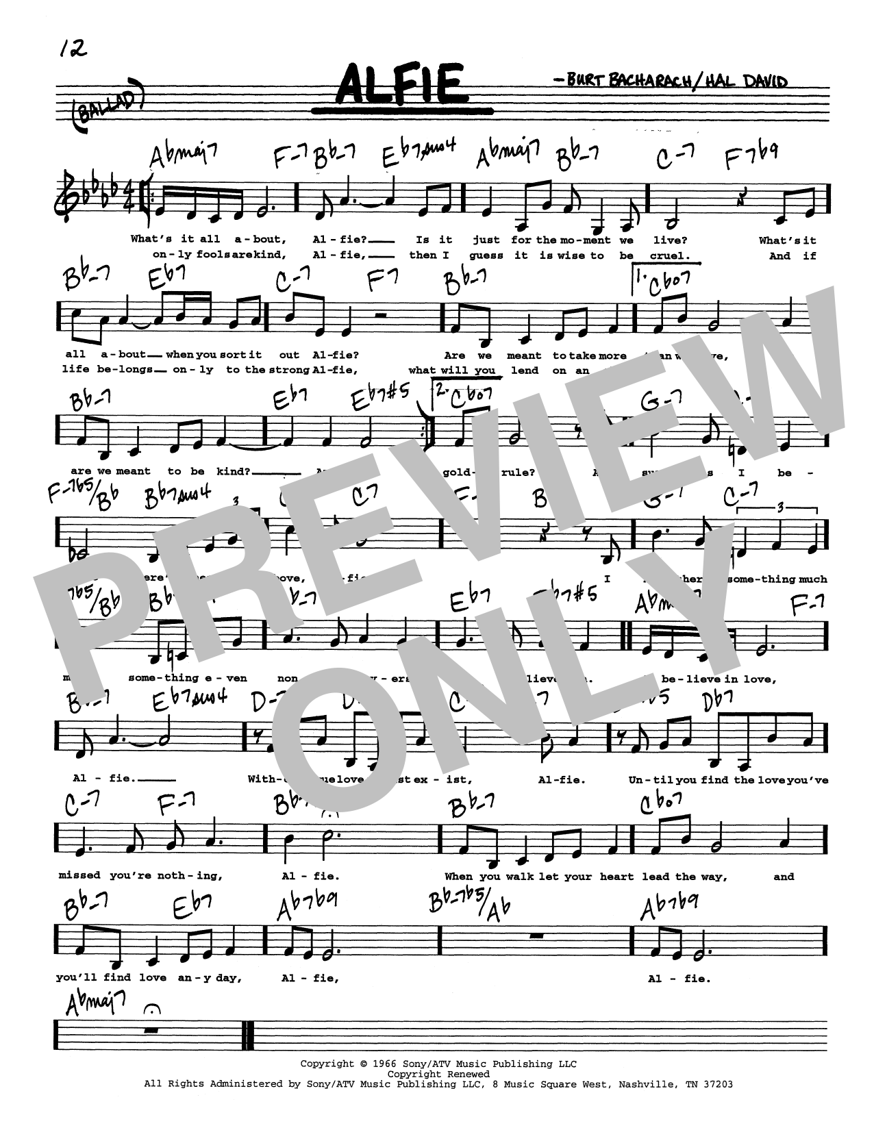 Bacharach & David Alfie (Low Voice) Sheet Music Notes & Chords for Real Book – Melody, Lyrics & Chords - Download or Print PDF
