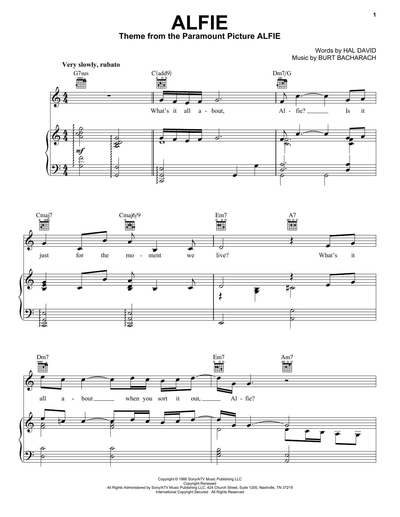 Bacharach & David Alfie Sheet Music Notes & Chords for Big Note Piano - Download or Print PDF