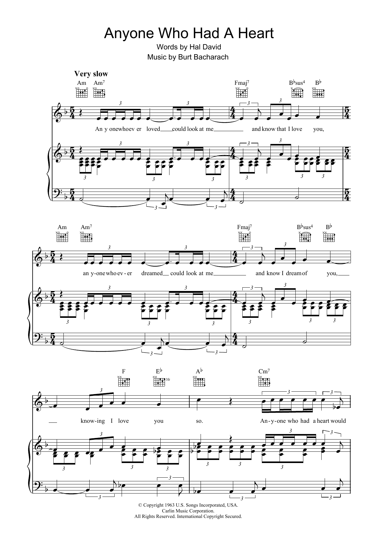 Bacharach & David Anyone Who Had A Heart Sheet Music Notes & Chords for Piano, Vocal & Guitar (Right-Hand Melody) - Download or Print PDF