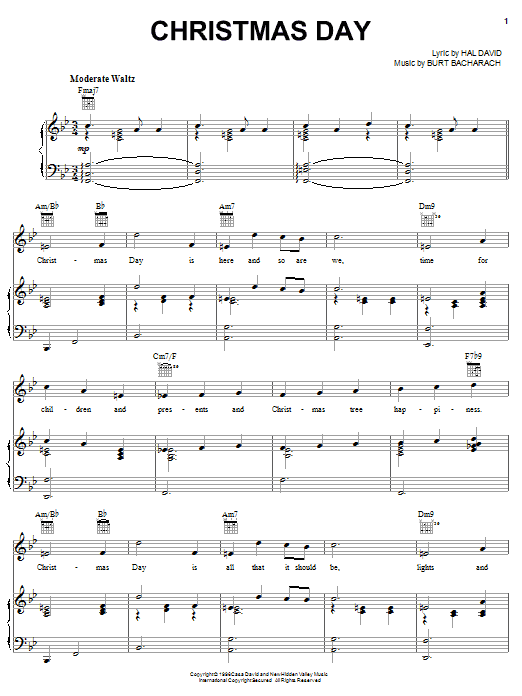Bacharach & David Christmas Day Sheet Music Notes & Chords for Piano, Vocal & Guitar (Right-Hand Melody) - Download or Print PDF