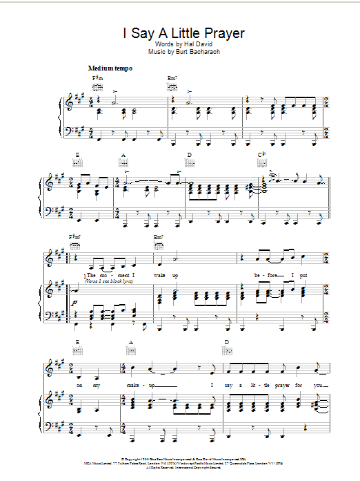 Bacharach & David I Say A Little Prayer sheet music notes and chords. Download Printable PDF.