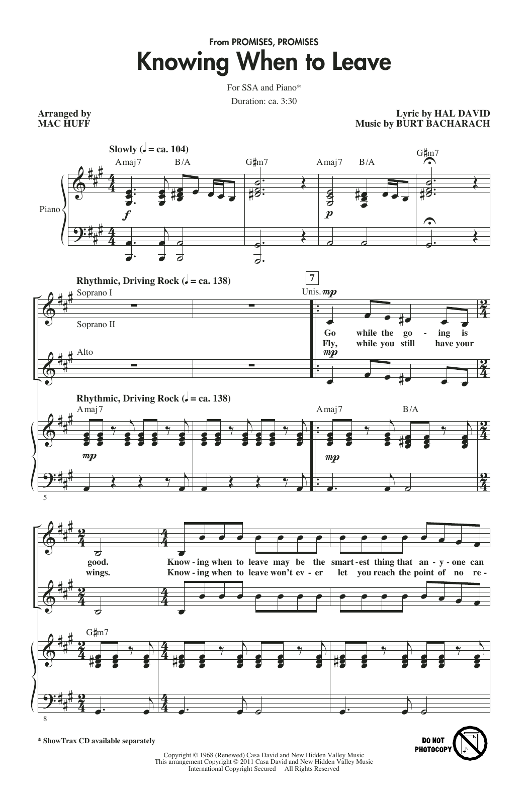 Bacharach & David Knowing When To Leave (from Promises, Promises) (arr. Mac Huff) Sheet Music Notes & Chords for SSA Choir - Download or Print PDF
