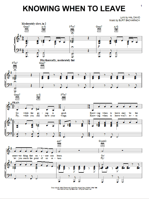 Bacharach & David Knowing When To Leave Sheet Music Notes & Chords for Piano, Vocal & Guitar (Right-Hand Melody) - Download or Print PDF