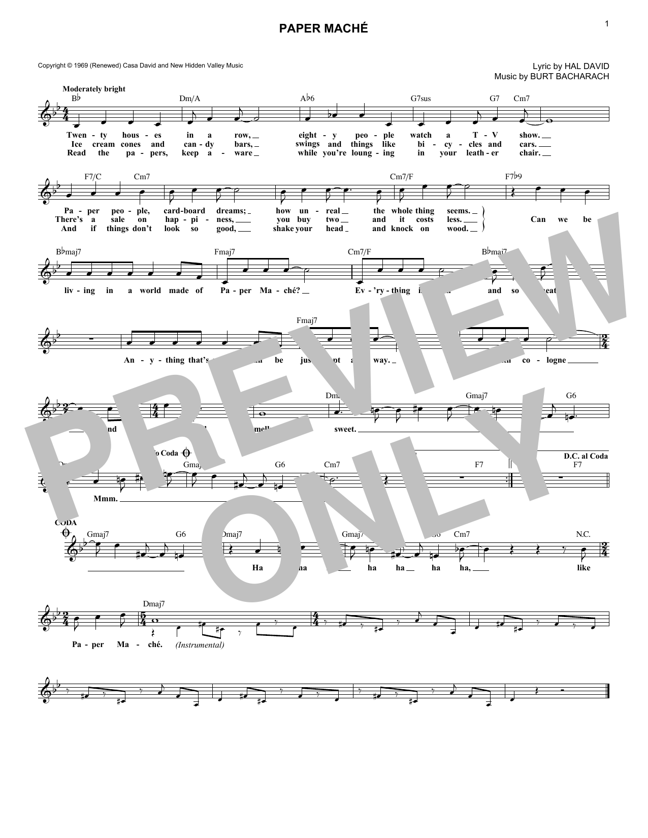 Bacharach & David Paper Mache Sheet Music Notes & Chords for Lead Sheet / Fake Book - Download or Print PDF