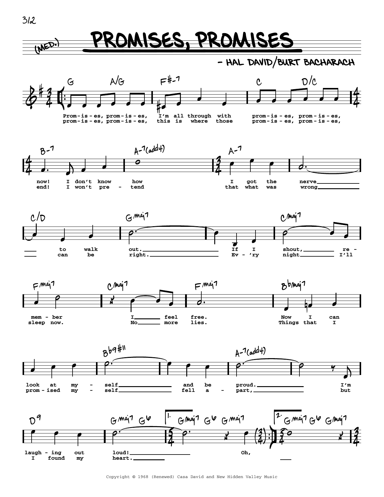 Bacharach & David Promises, Promises (High Voice) Sheet Music Notes & Chords for Real Book – Melody, Lyrics & Chords - Download or Print PDF