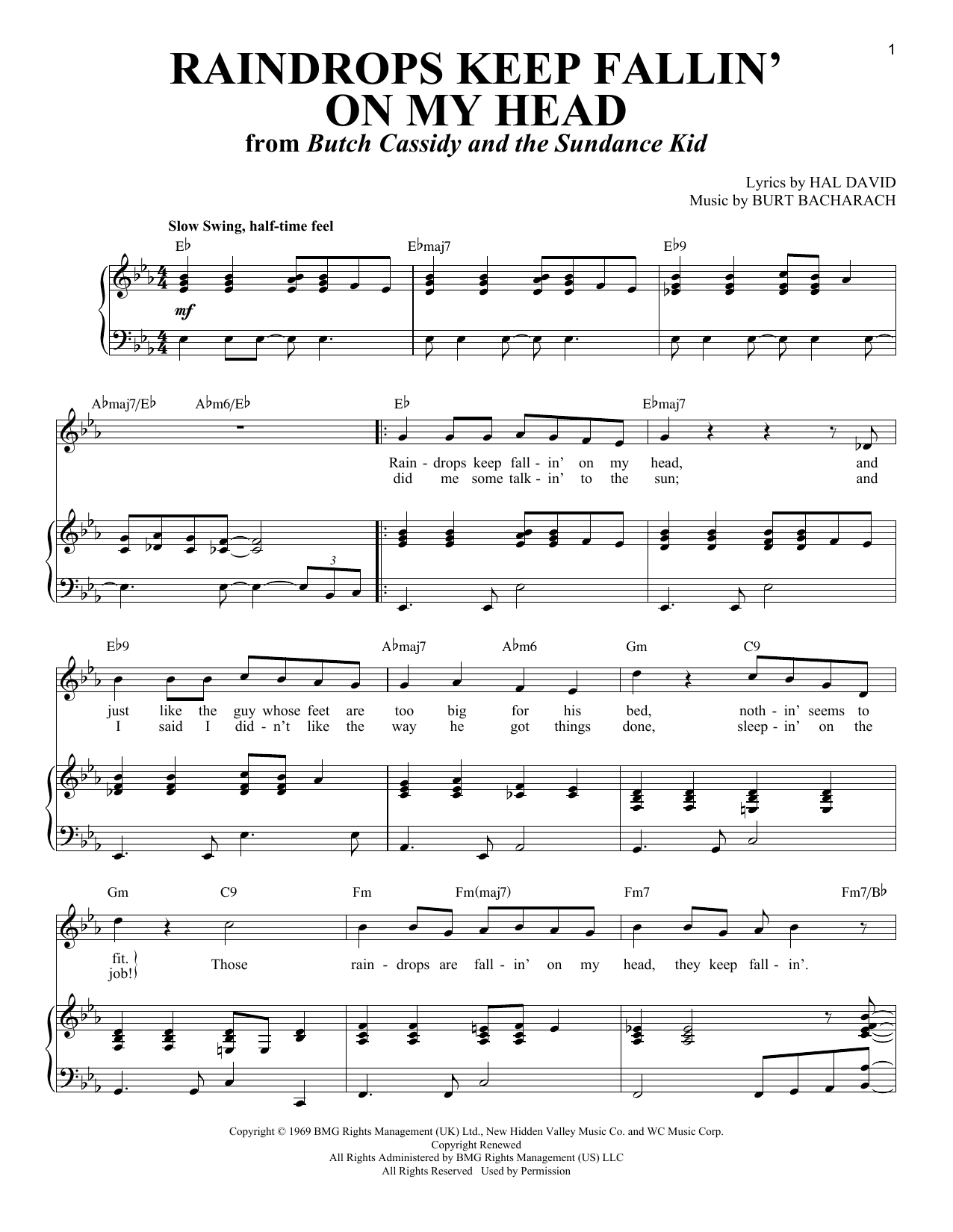 Bacharach & David Raindrops Keep Fallin' On My Head (from Butch Cassidy And The Sundance Kid) Sheet Music Notes & Chords for Piano & Vocal - Download or Print PDF