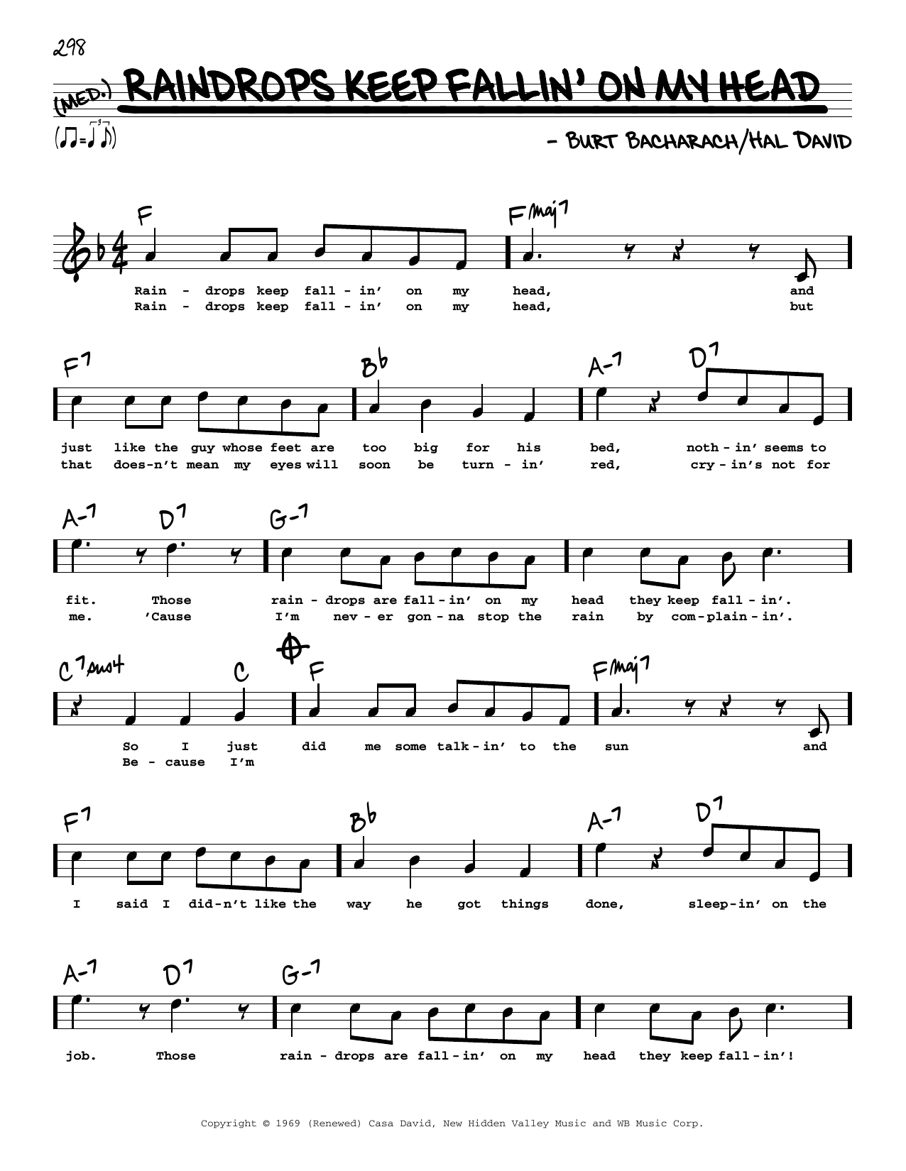 Bacharach & David Raindrops Keep Fallin' On My Head (High Voice) (from Butch Cassidy And The Sundance Kid) Sheet Music Notes & Chords for Real Book – Melody, Lyrics & Chords - Download or Print PDF