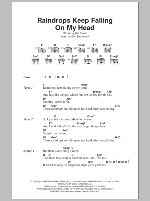 Bacharach & David Raindrops Keep Fallin' On My Head Sheet Music Notes & Chords for Ukulele - Download or Print PDF