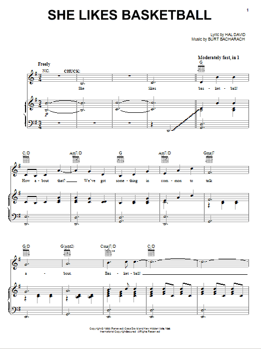 Bacharach & David She Likes Basketball Sheet Music Notes & Chords for Piano, Vocal & Guitar (Right-Hand Melody) - Download or Print PDF
