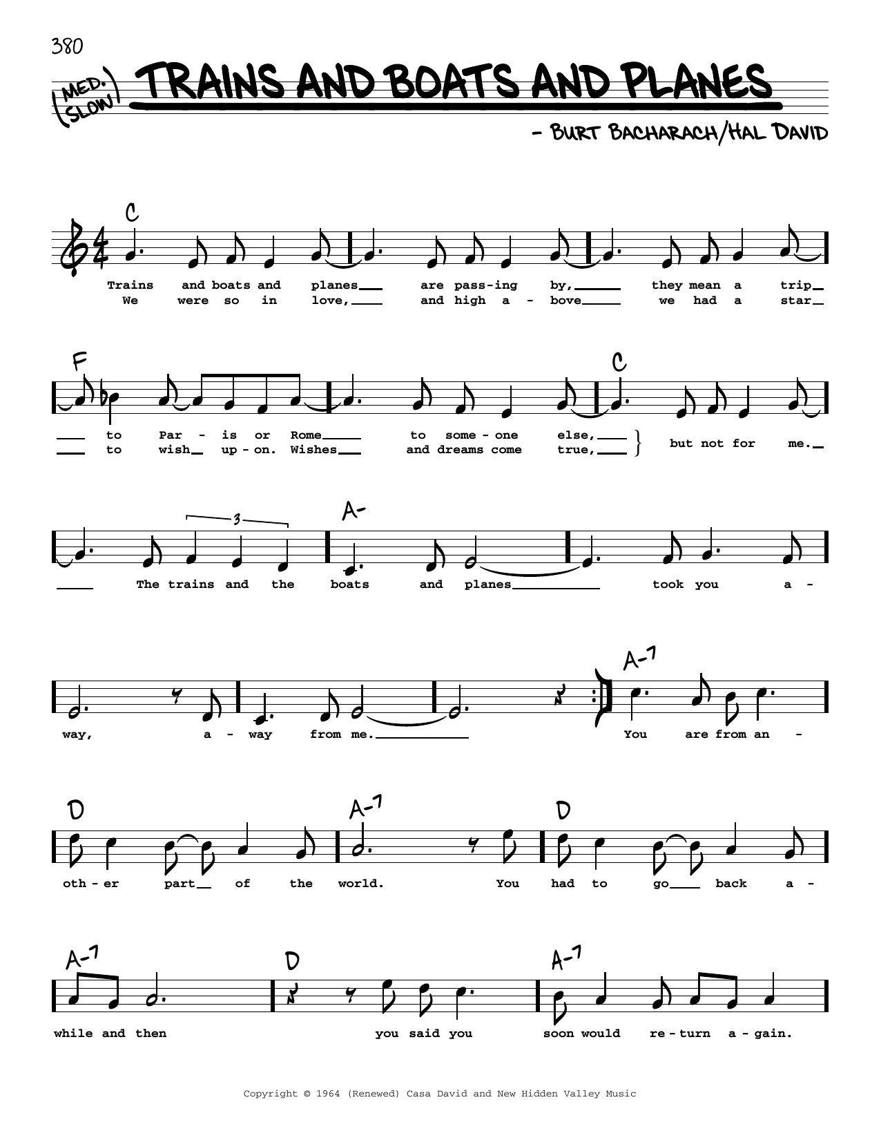 Bacharach & David Trains And Boats And Planes (High Voice) Sheet Music Notes & Chords for Real Book – Melody, Lyrics & Chords - Download or Print PDF