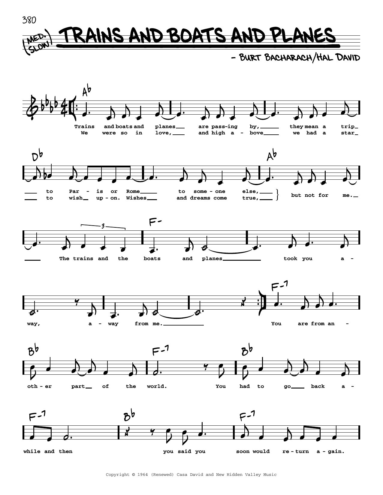 Bacharach & David Trains And Boats And Planes (Low Voice) Sheet Music Notes & Chords for Real Book – Melody, Lyrics & Chords - Download or Print PDF Bacharach & David Trains And Boats And Planes (Low Voice) Sheet Music Notes & Chords for Real Book – Melody, Lyrics & Chords - Download or Print PDF