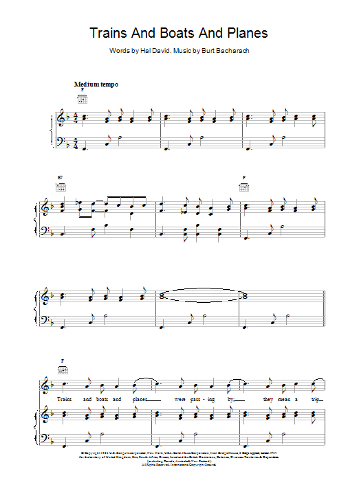 Bacharach & David Trains And Boats And Planes Sheet Music Notes & Chords for Piano, Vocal & Guitar (Right-Hand Melody) - Download or Print PDF